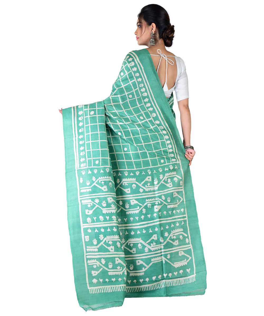 Light green white hand printed silk saree