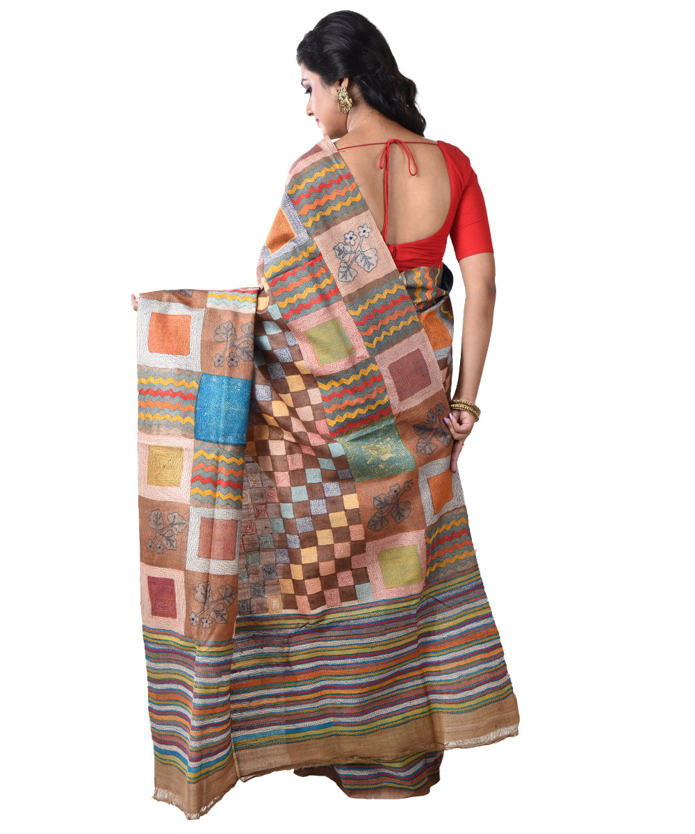 Brown multicolor hand kantha stitched tussar silk saree