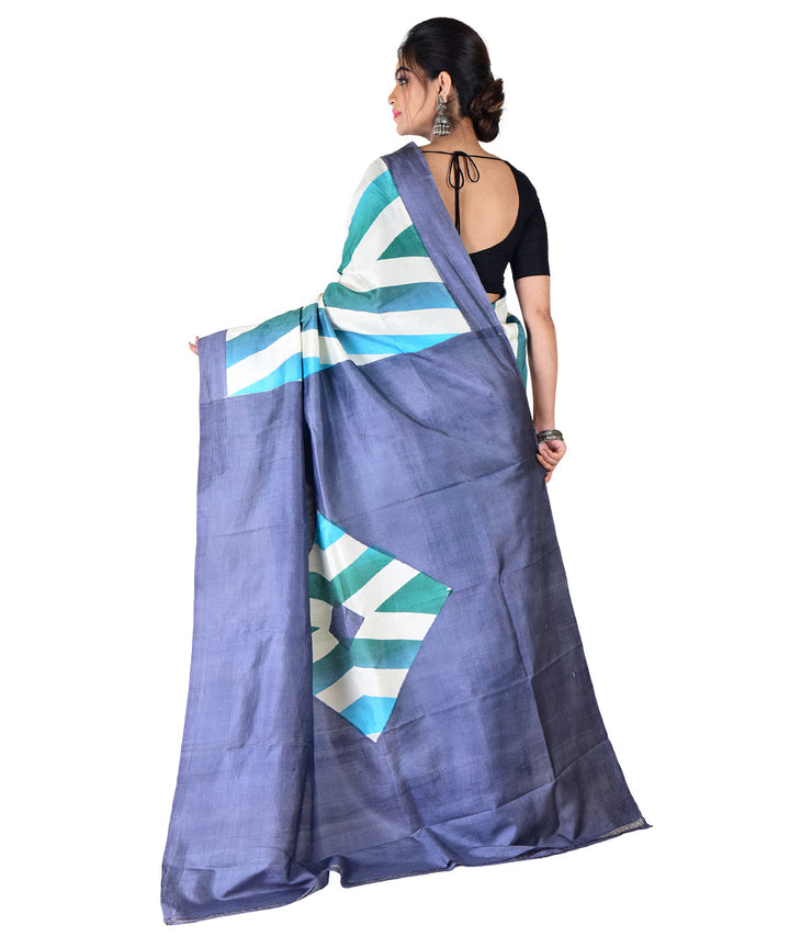 White striped multicolor hand printed silk saree