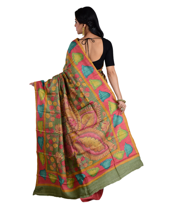 Multicolor olive green hand printed tussar silk saree