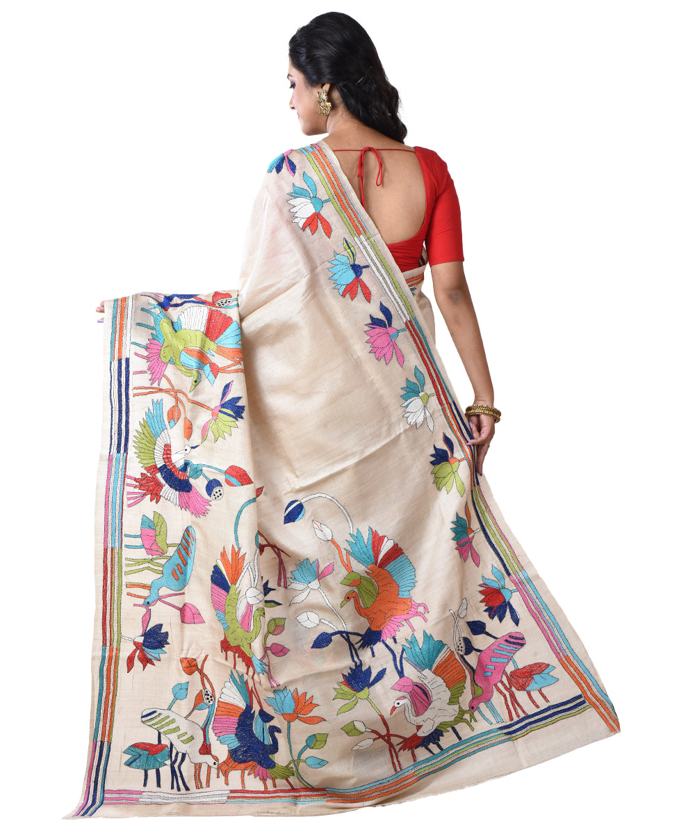 Beige multicolor tussar silk hand kantha stitched saree