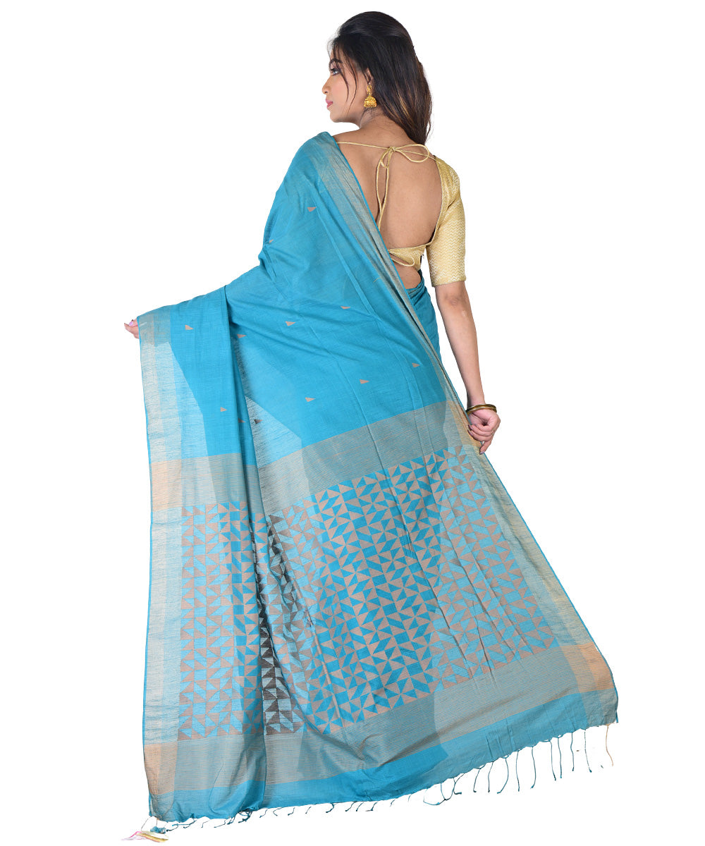Cyan blue handwoven cotton silk saree