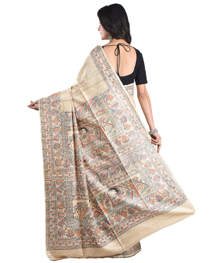 Beige multicolor handloom tussar silk madhubani painting saree