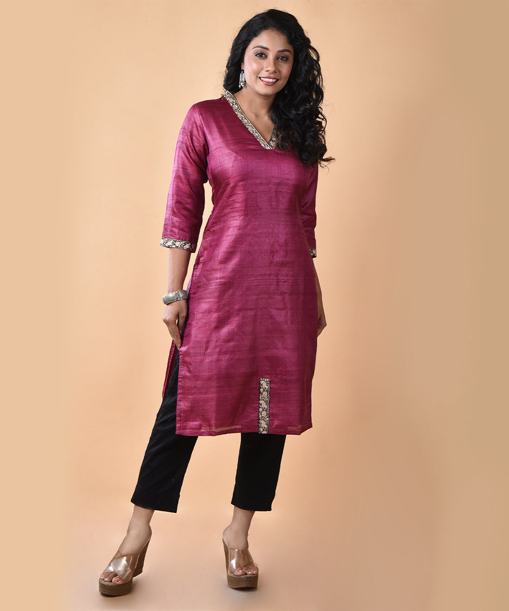 Maroon handwoven tussar silk kurti with aari work border