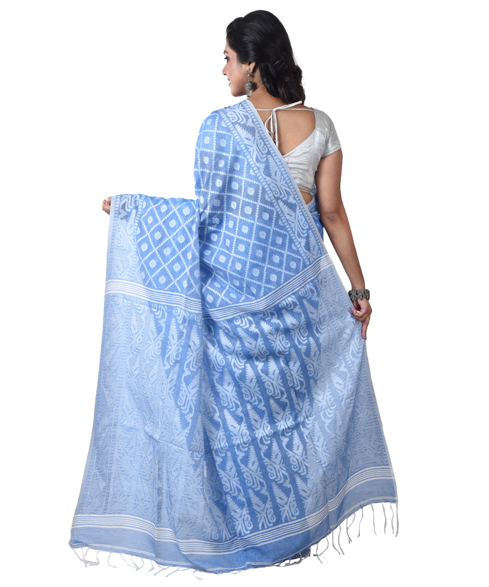 Cyan blue white handloom cotton shantipuri saree