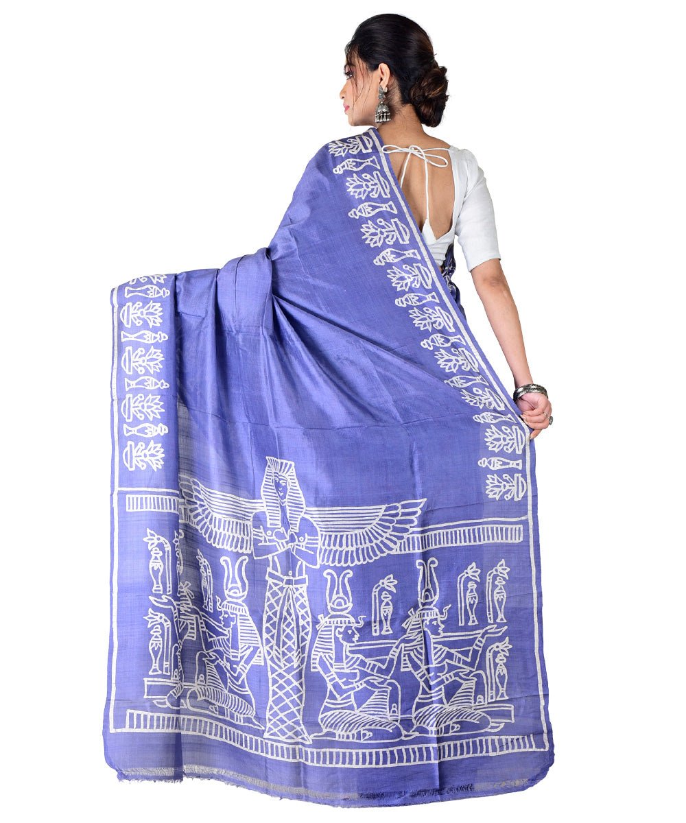 Grey white hand batik printed silk saree