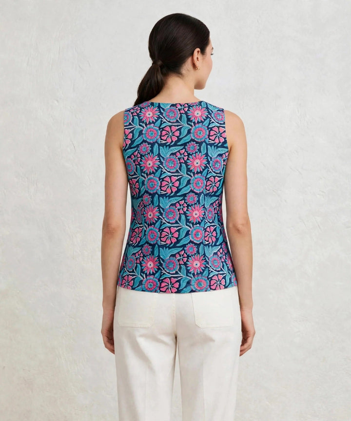 Blue floral hand block printed cotton sleevless top