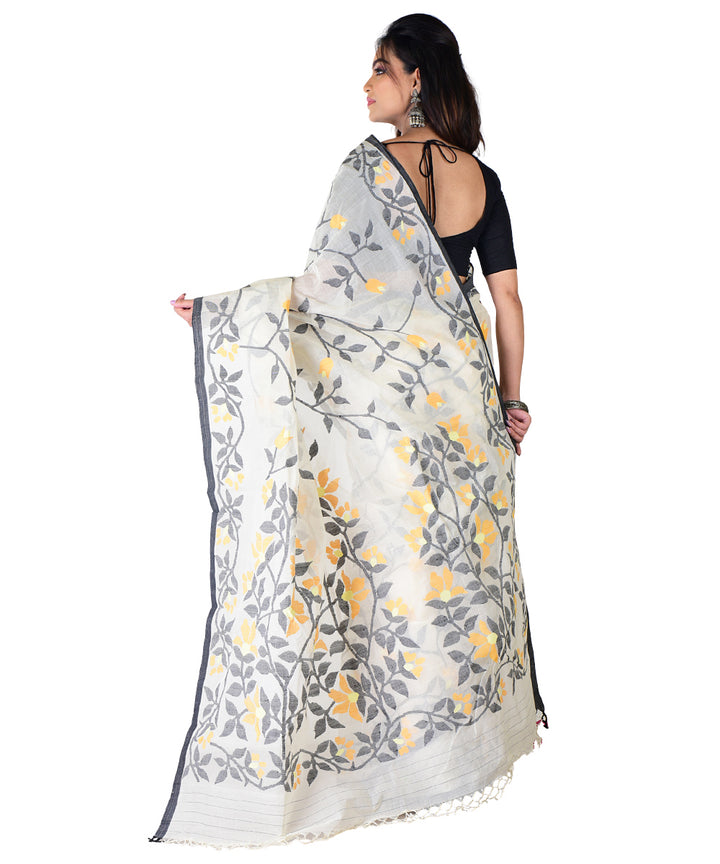 White multicolor hand woven cotton saree