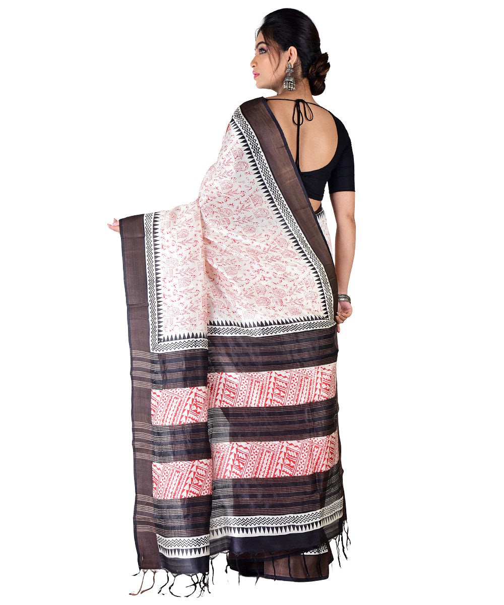 White multicolor hand printed silk saree