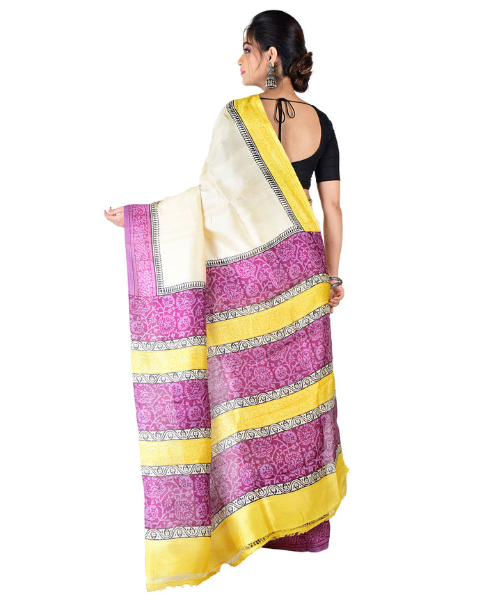 White violet hand printed silk saree