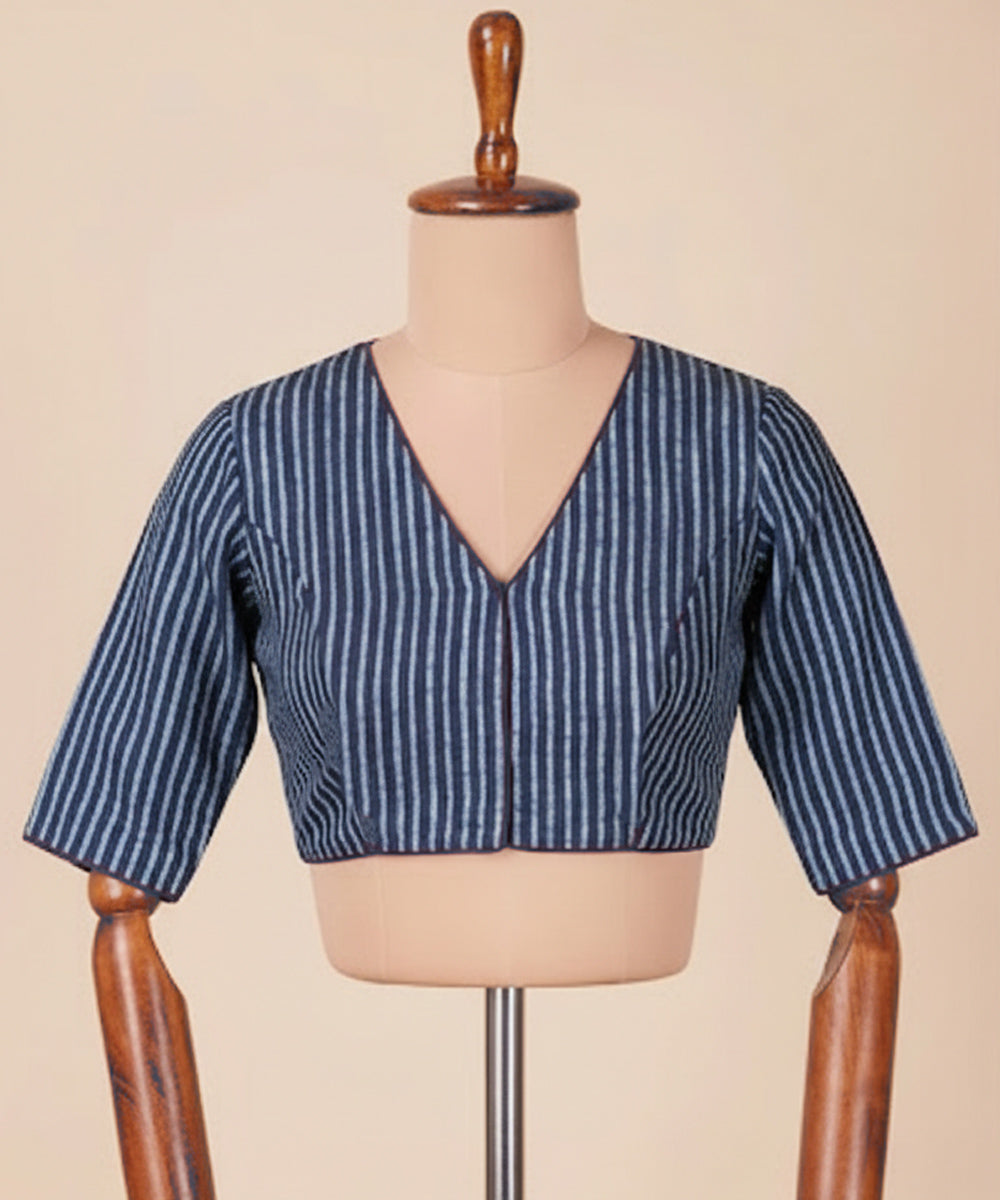 Blue cotton v neck front opening blouse