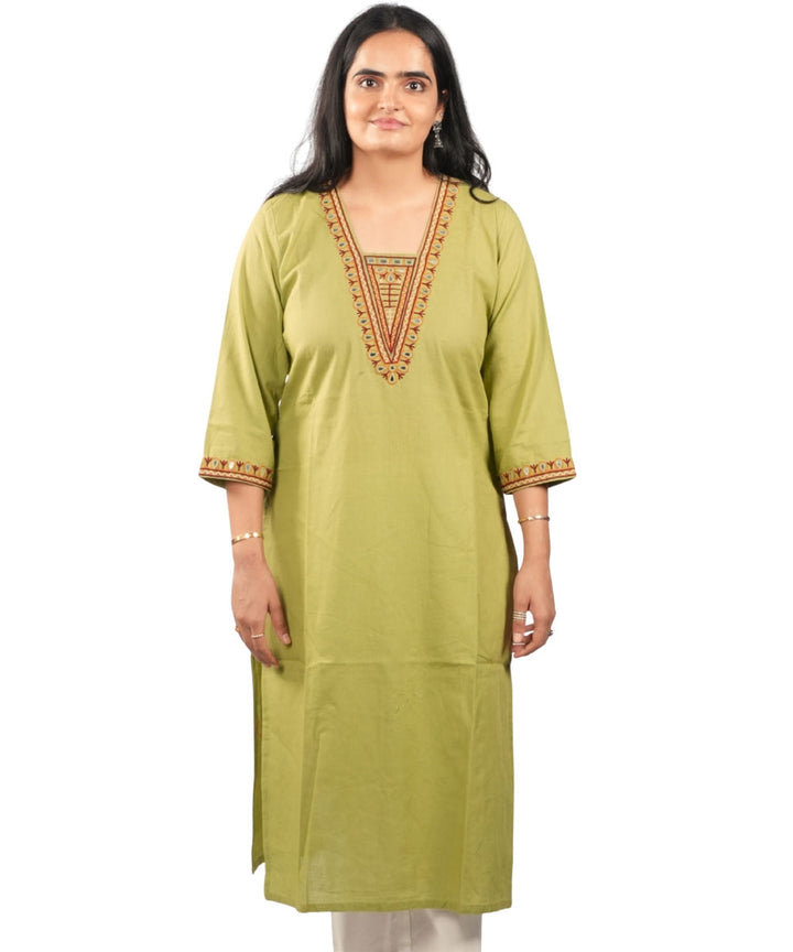 Light Green Soi Hand Cotton Embroidered Kurti