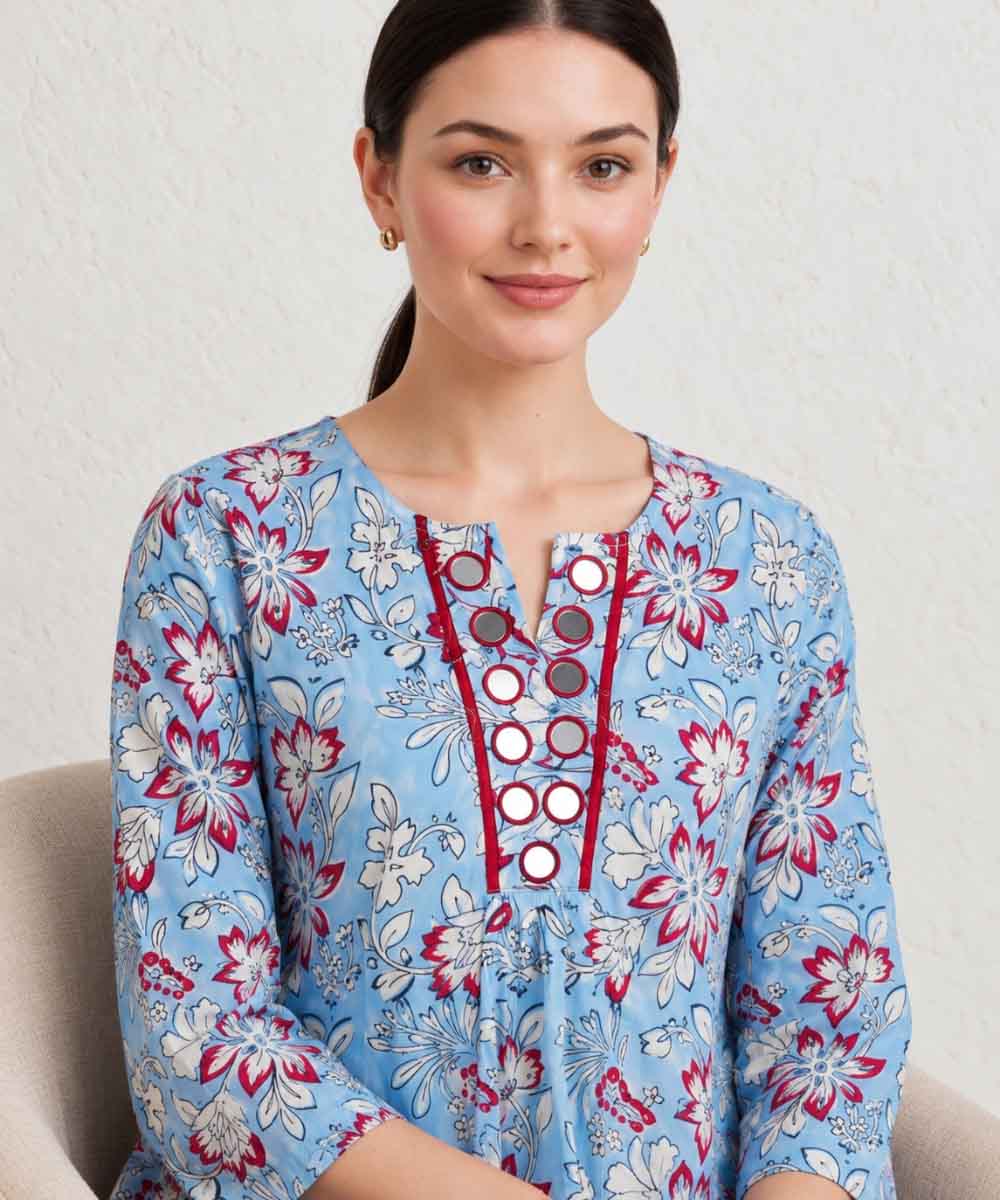 Aqua blue hand block printed A line pure cotton Kurta set