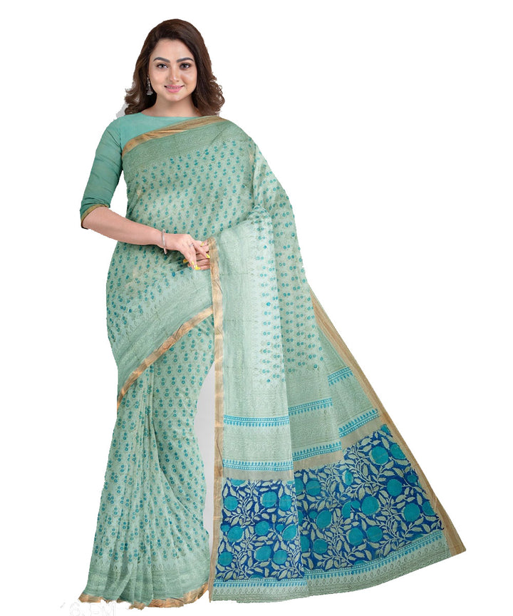 Sky blue navy blue cotton hand printed maheshwari saree
