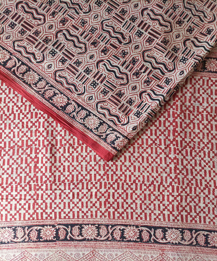 Offwhite red kalamkari hand printed cotton saree