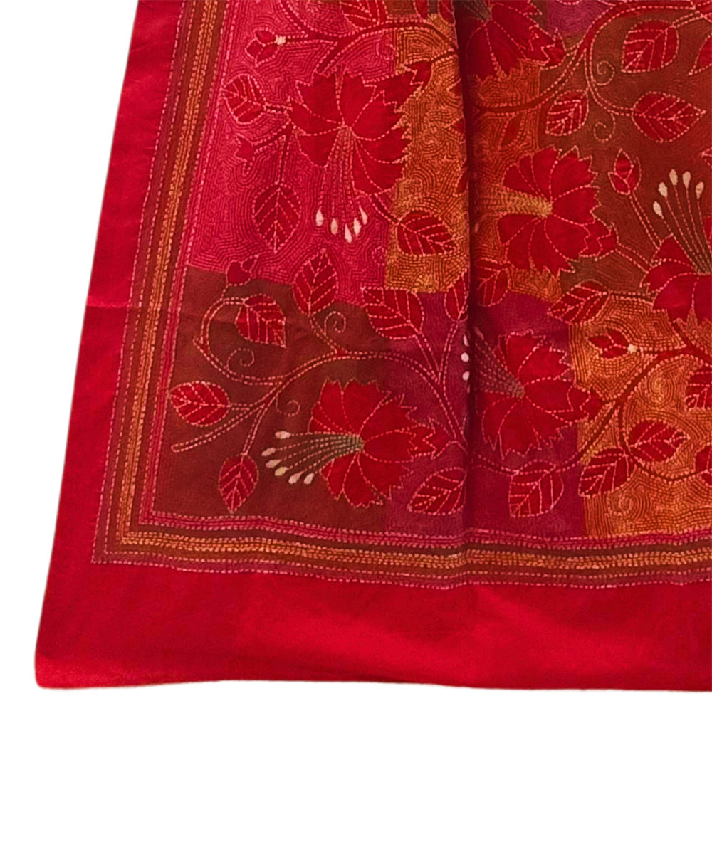 Red multicolor thread handwoven silk kantha stitch stole