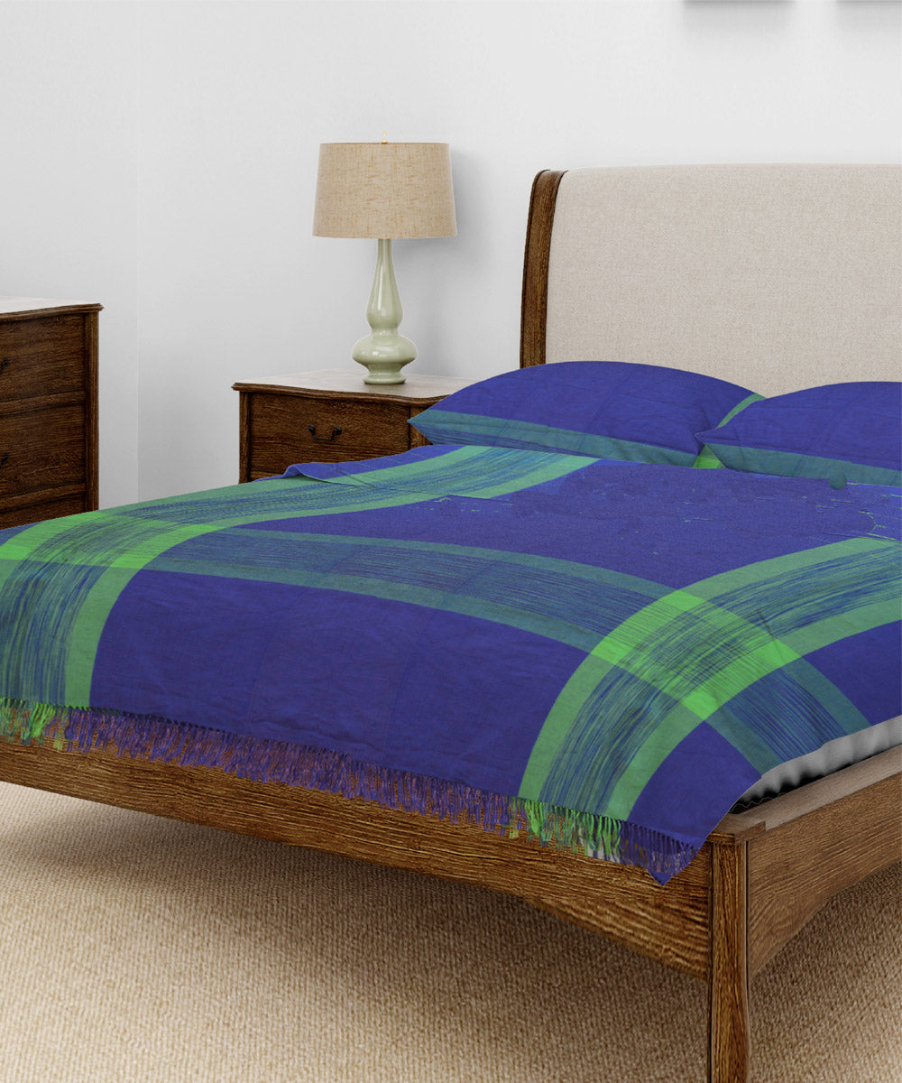 Navy blue green handwoven cotton double bed king size bedcover