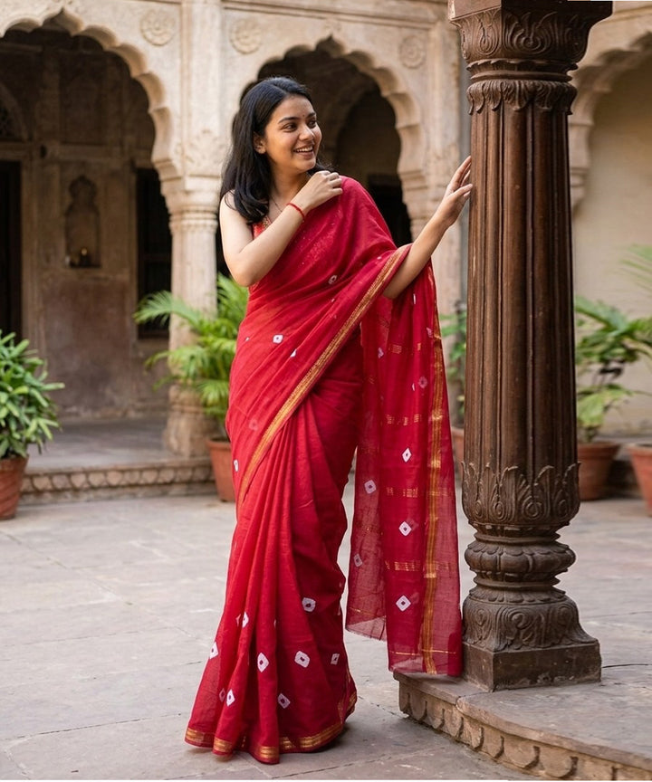 Red white bandhej maheswari cotton silk saree