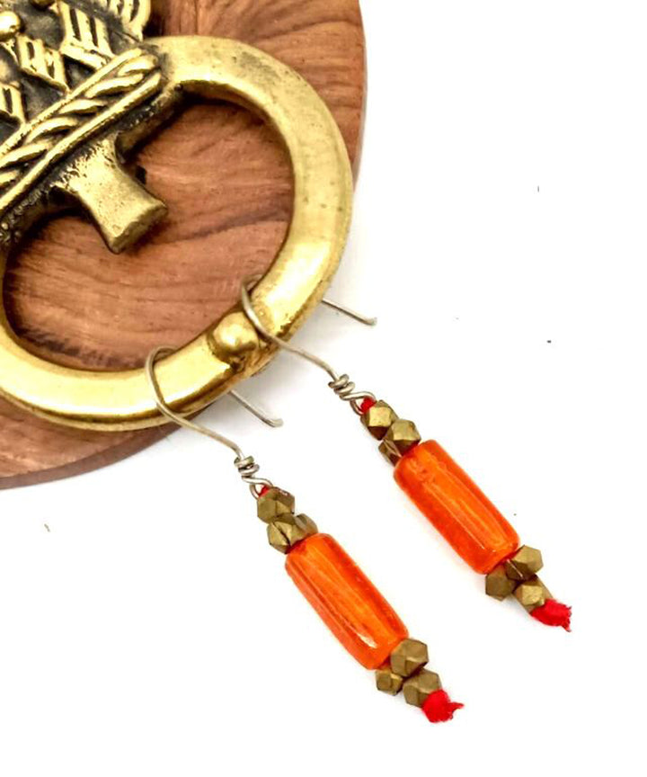 Golden orange handcrafted brass with glass beads earring
