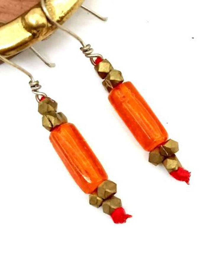 Golden orange handcrafted brass with glass beads earring