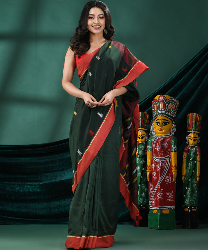 Bottle green red handloom cotton bengal saree