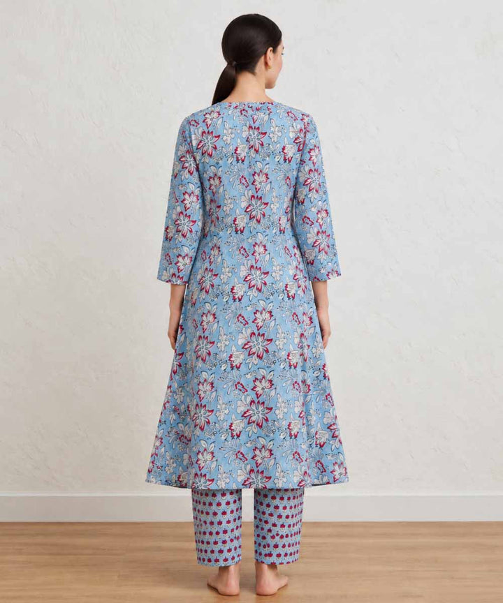 Aqua blue hand block printed A line pure cotton Kurta set