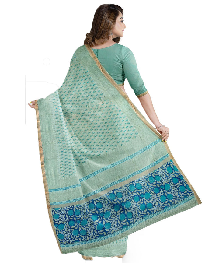 Sky blue navy blue cotton hand printed maheshwari saree