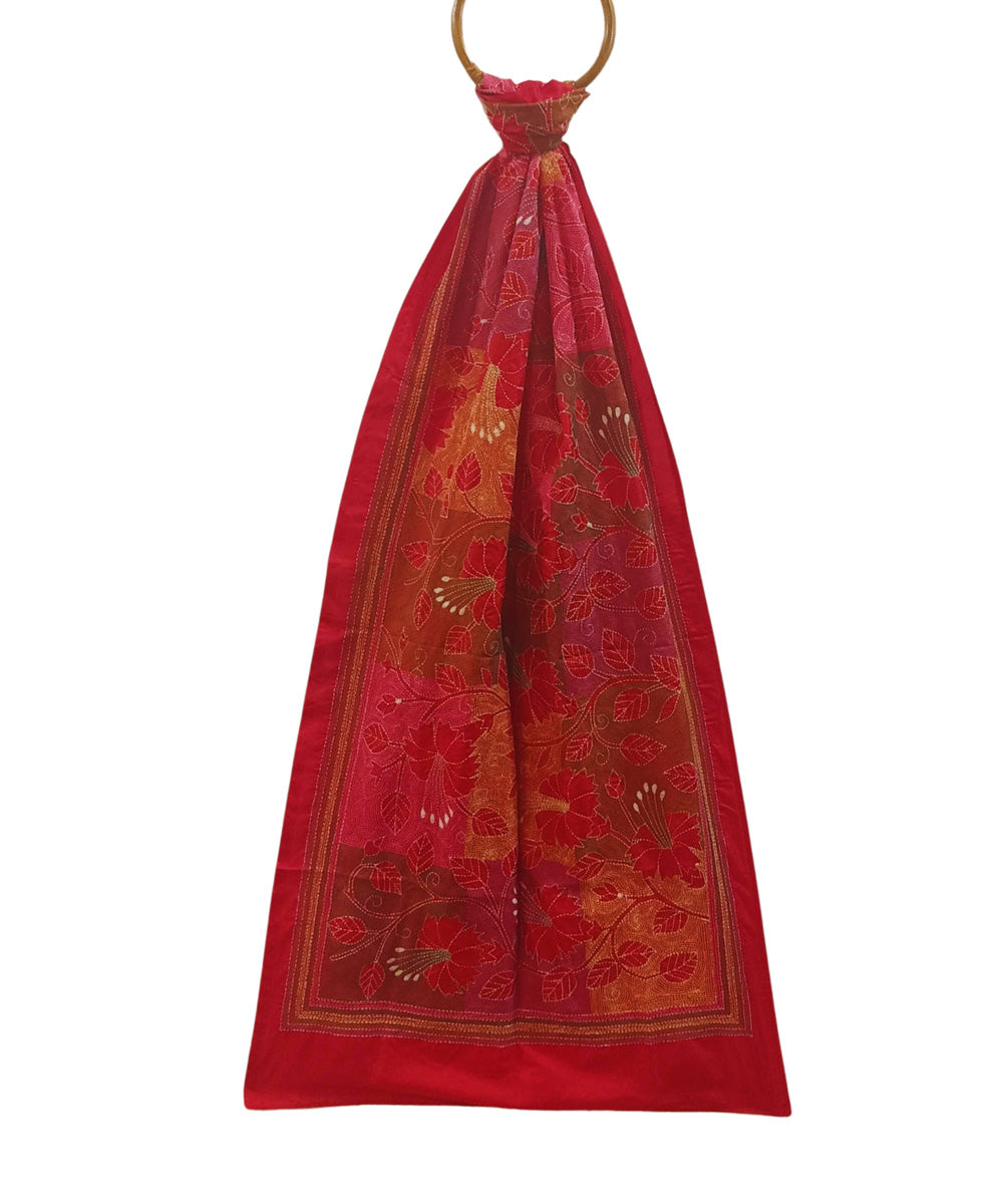 Red multicolor thread handwoven silk kantha stitch stole