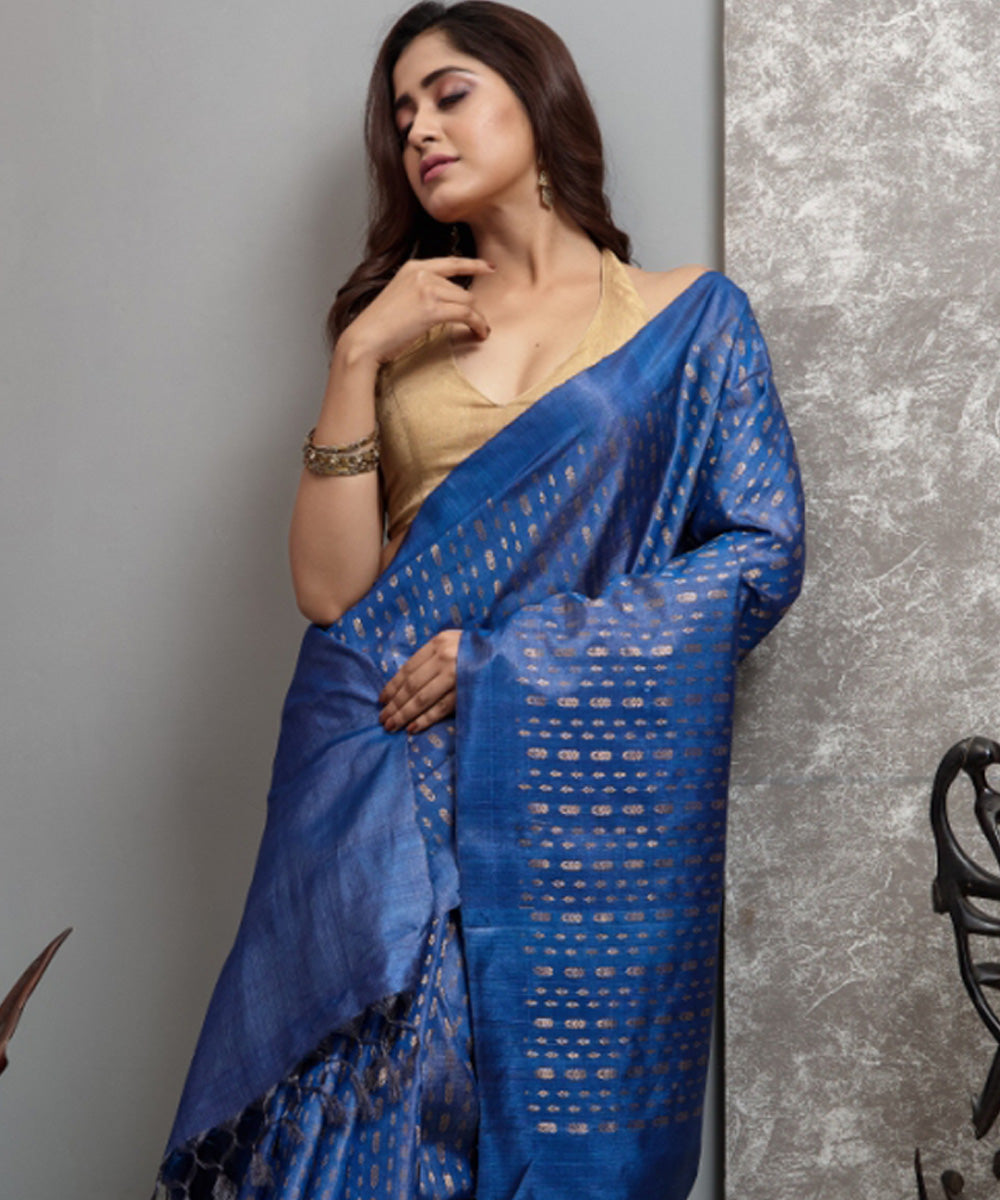 Navy blue handwoven chhatisgarh tussar silk saree