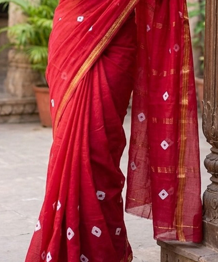 Red white bandhej maheswari cotton silk saree