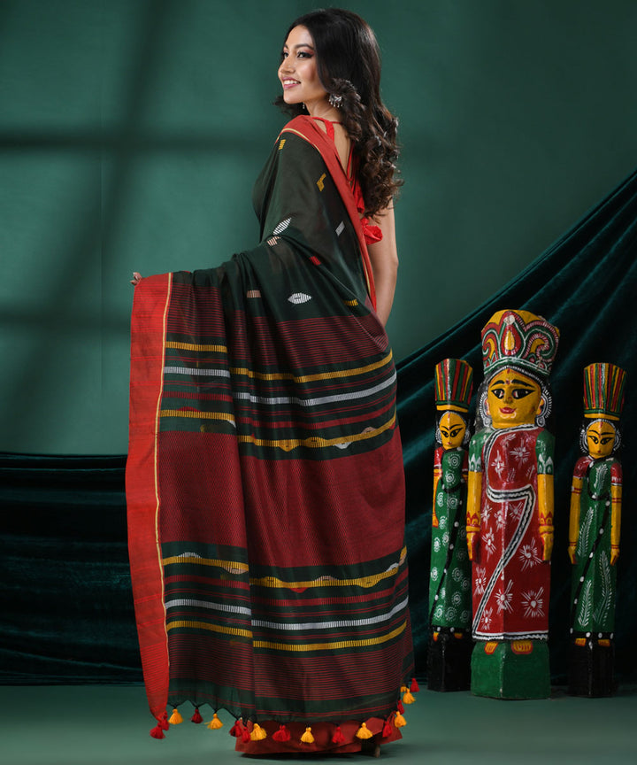 Bottle green red handloom cotton bengal saree