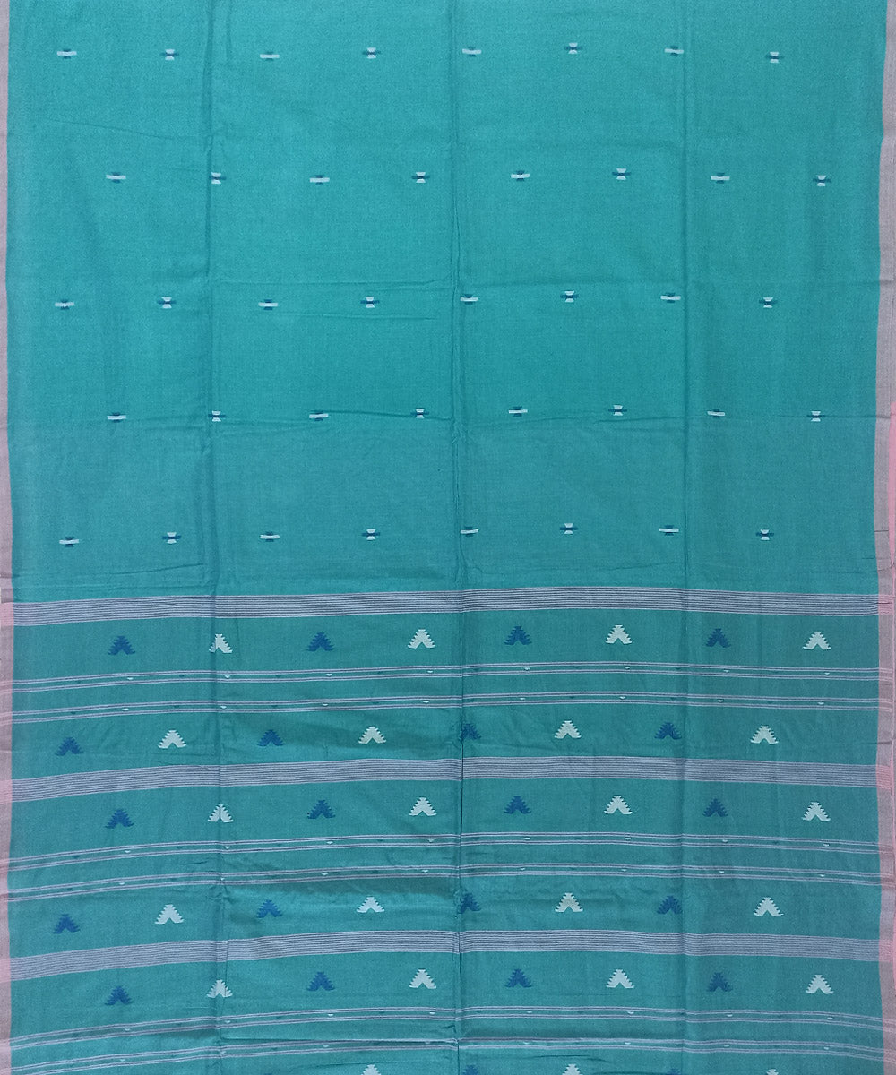 Teal green pink cotton handloom bengal saree