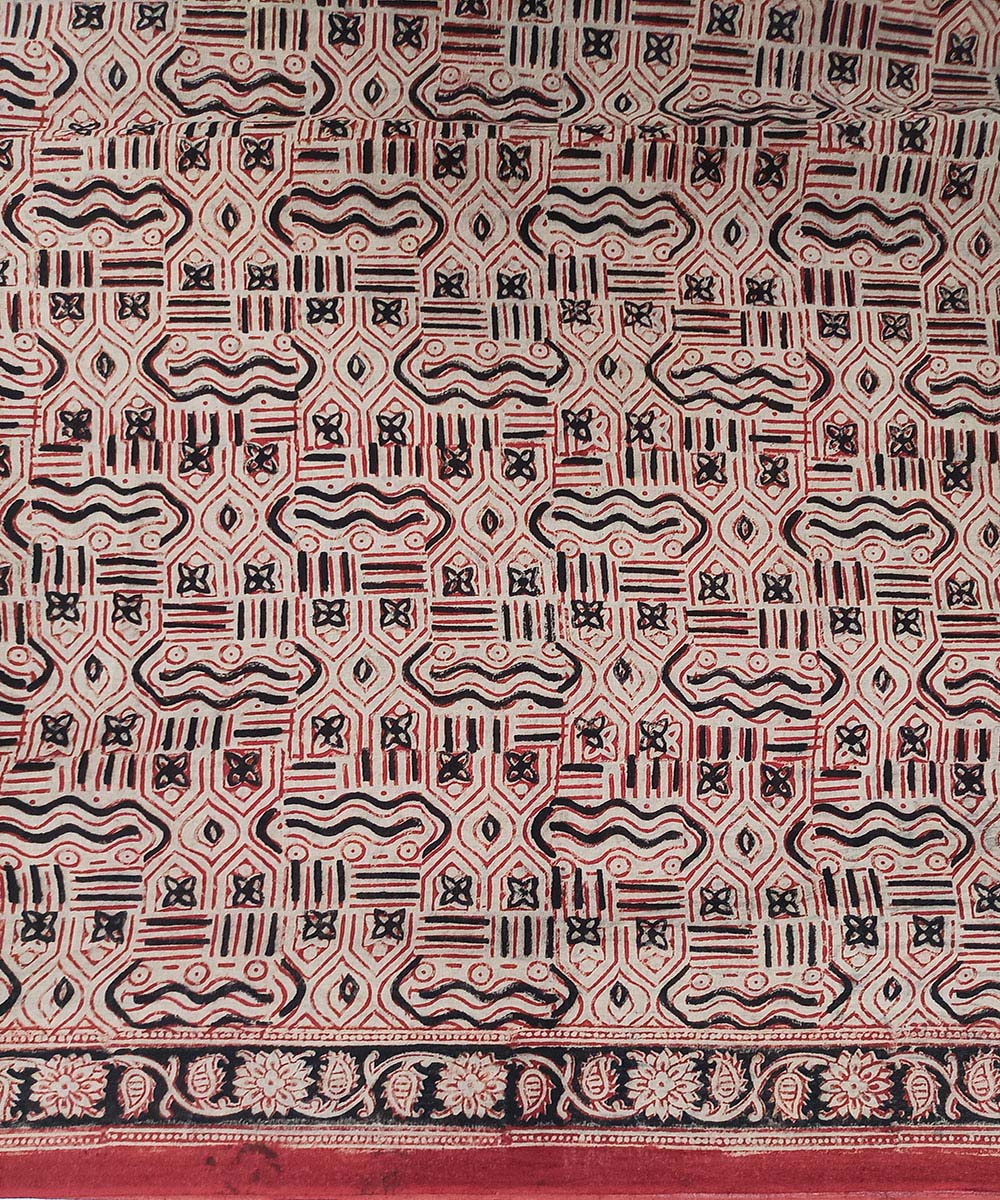 Offwhite red kalamkari hand printed cotton saree