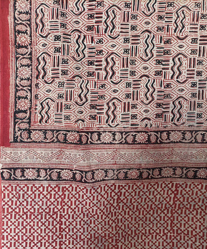 Offwhite red kalamkari hand printed cotton saree