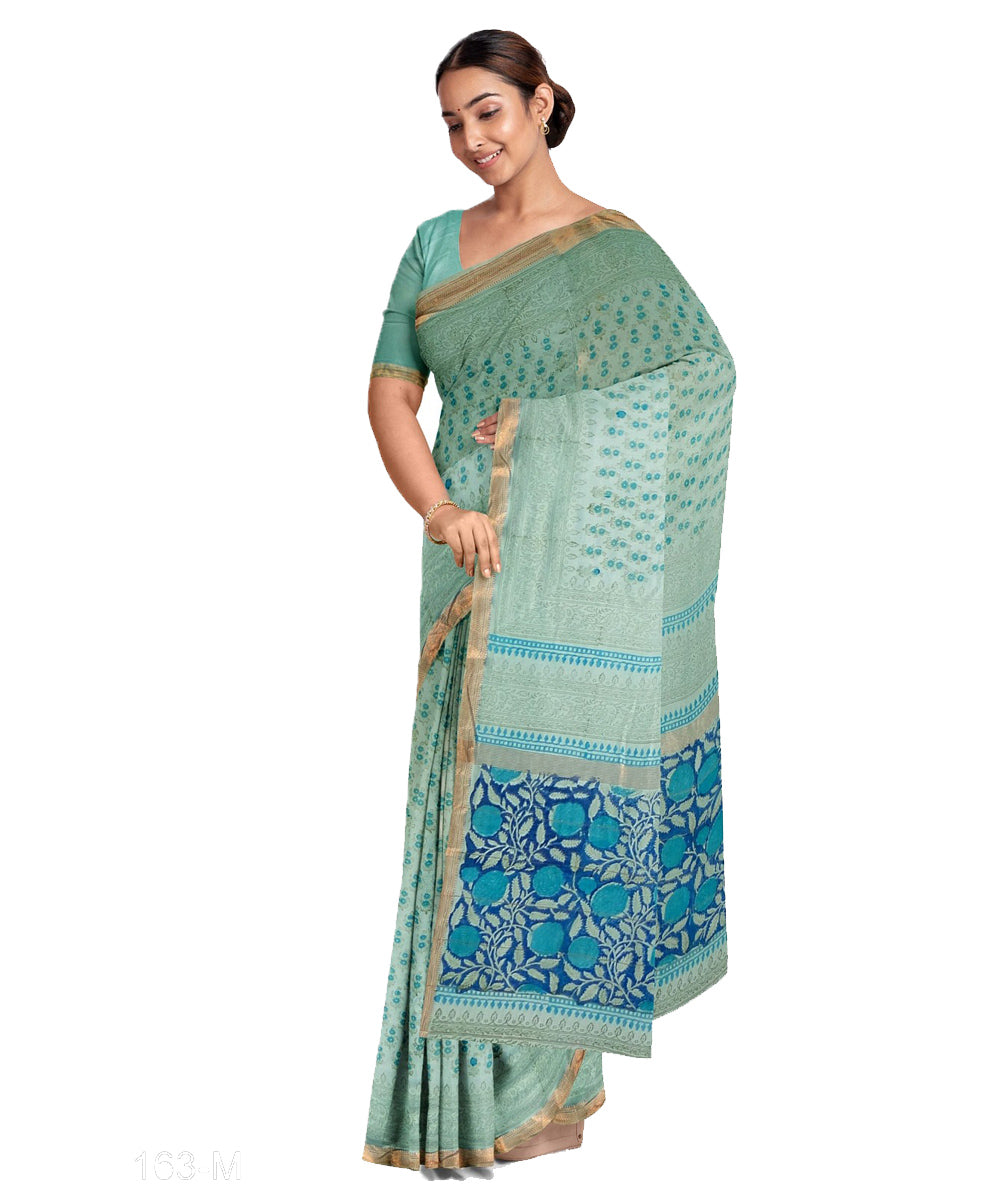 Sky blue navy blue cotton hand printed maheshwari saree