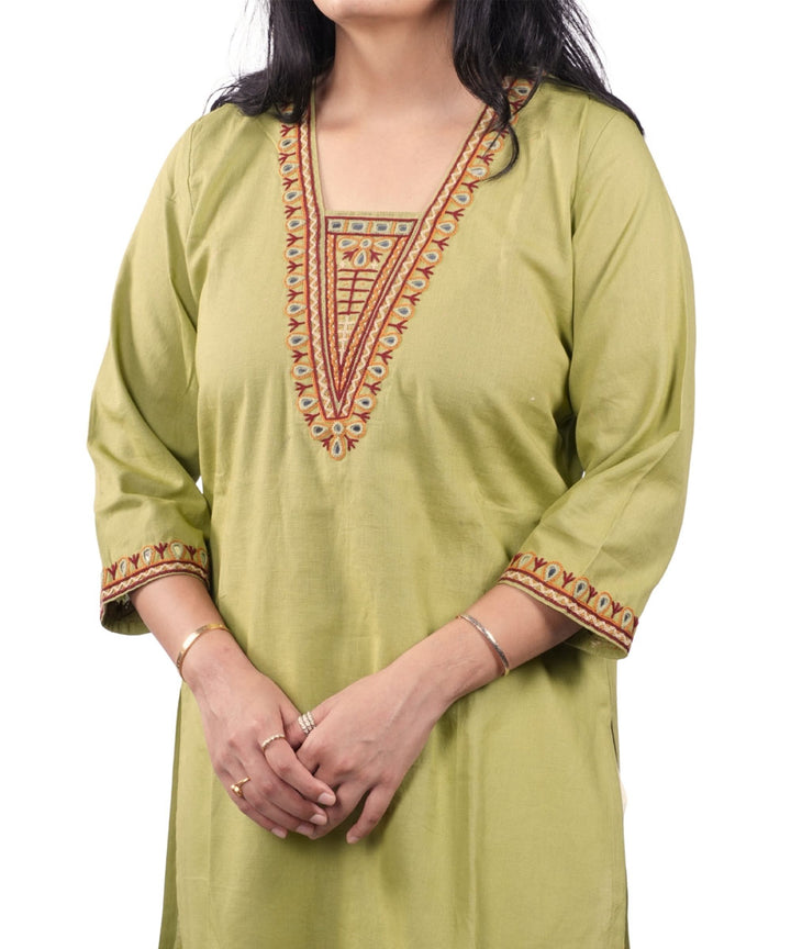 Light Green Soi Hand Cotton Embroidered Kurti