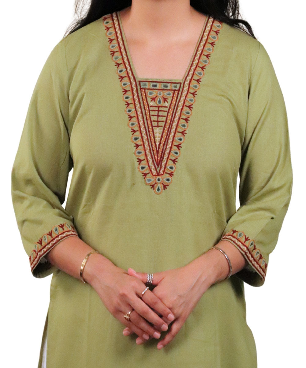 Light Green Soi Hand Cotton Embroidered Kurti