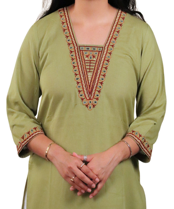 Light Green Soi Hand Cotton Embroidered Kurti