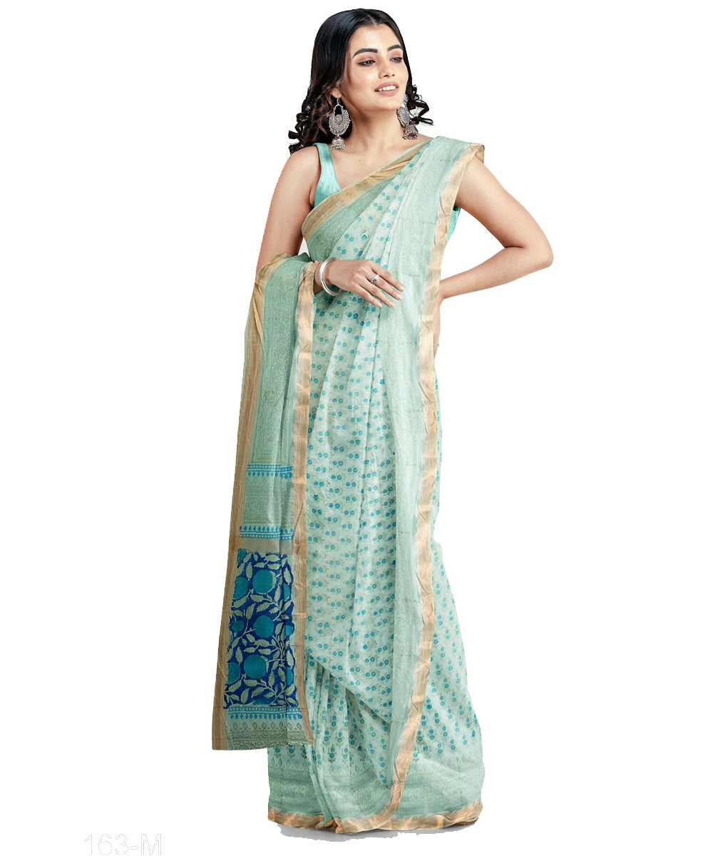 Sky blue navy blue cotton hand printed maheshwari saree