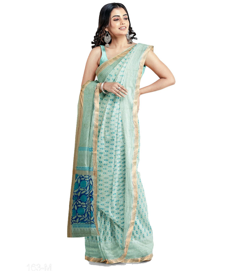 Sky blue navy blue cotton hand printed maheshwari saree