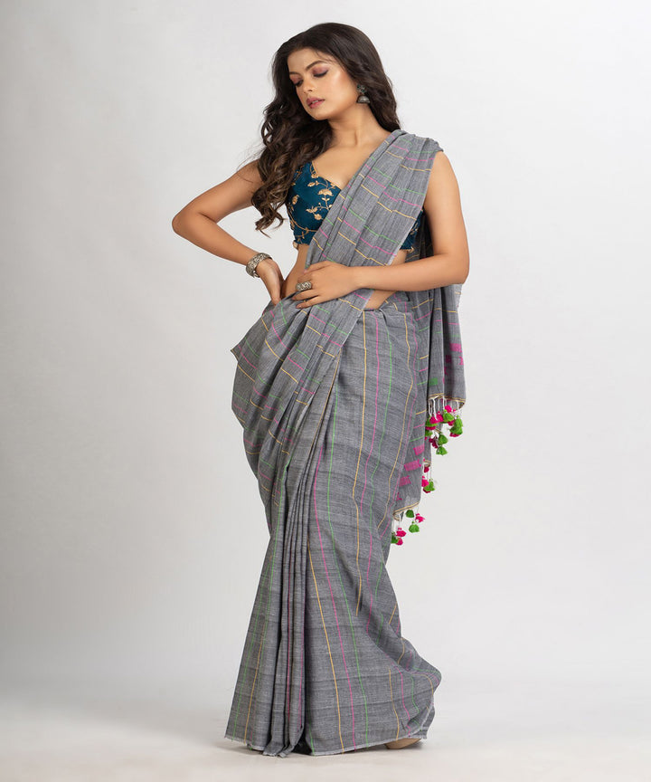 Grey handwoven cotton bengal saree