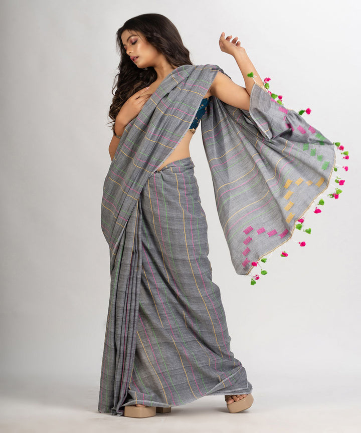 Grey handwoven cotton bengal saree