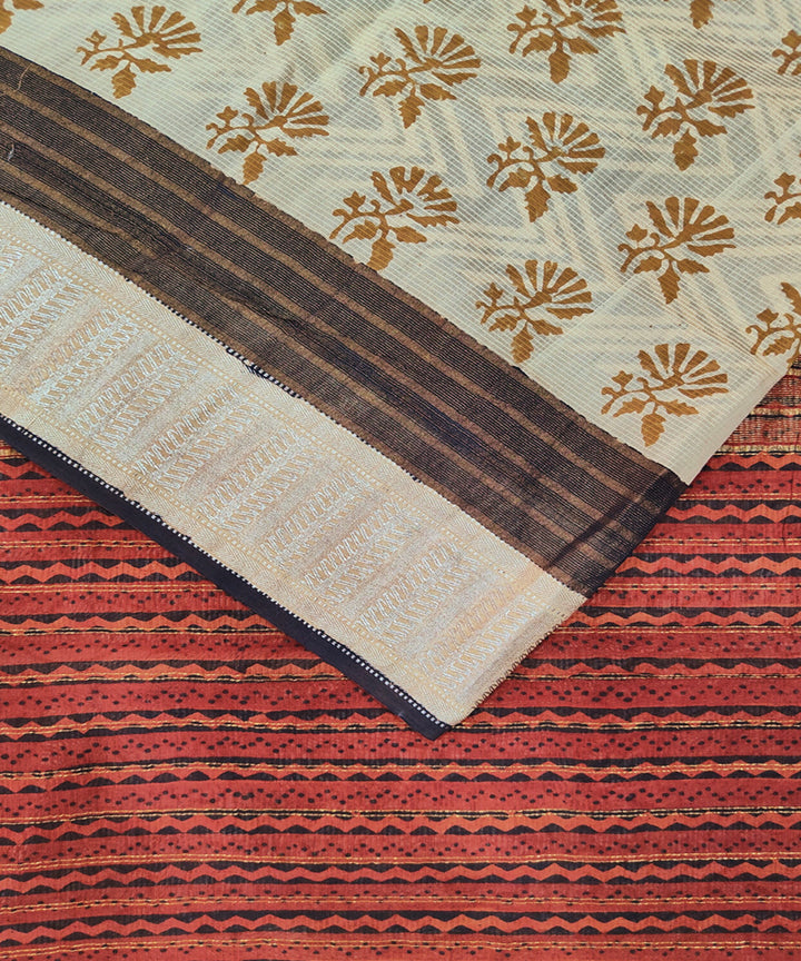 Beige hand block printed maheshwari cotton silk saree