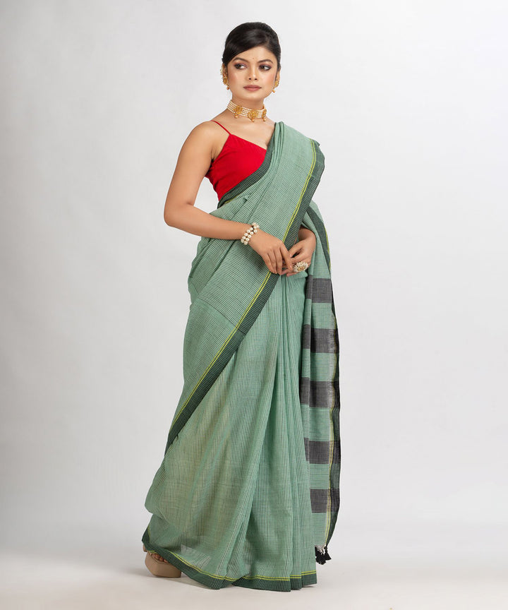 Green black handloom cotton check bengal saree