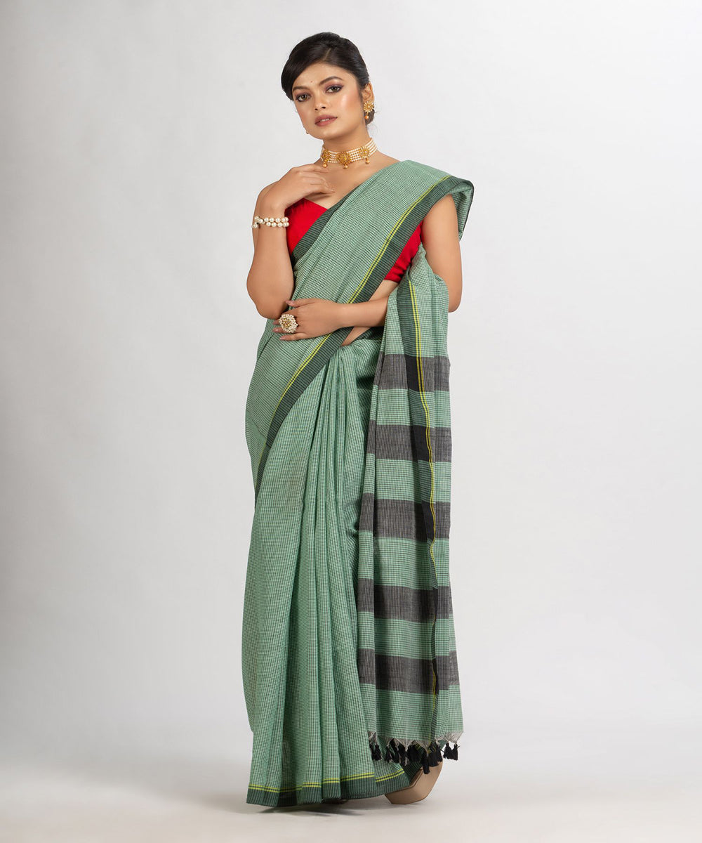 Green black handloom cotton check bengal saree