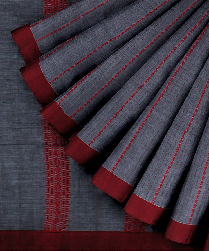 Grey red cotton handloom bengal saree