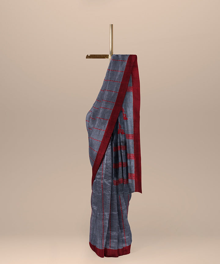 Grey red cotton handloom bengal saree