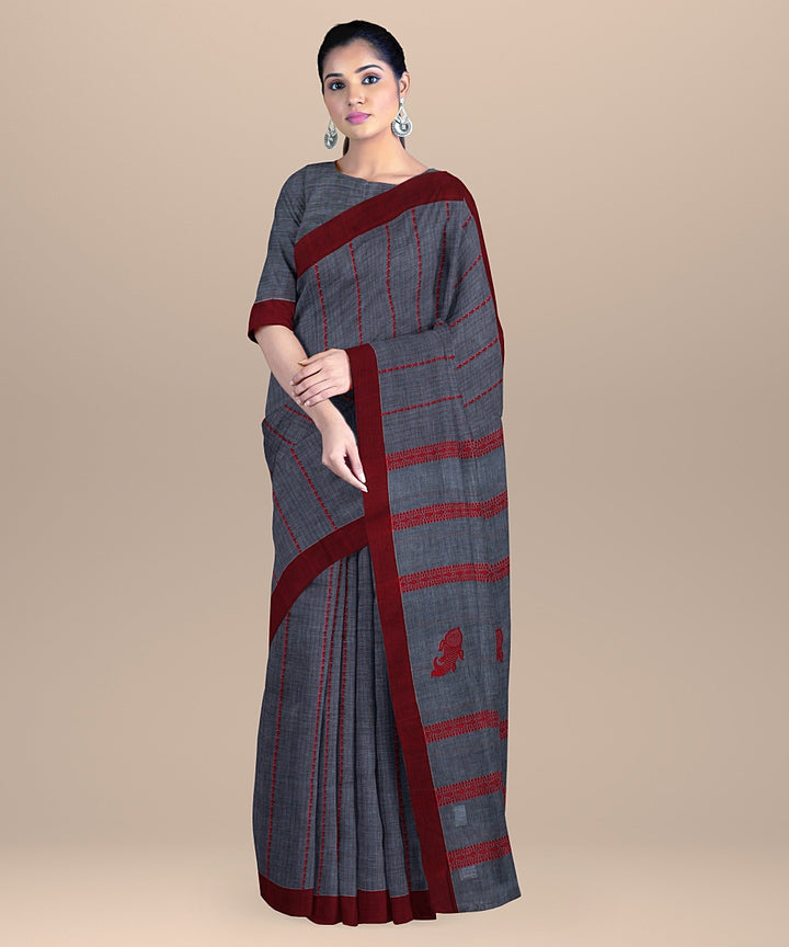 Grey red cotton handloom bengal saree