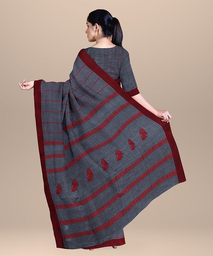 Grey red cotton handloom bengal saree