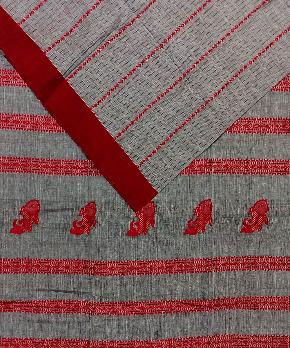 Grey red cotton handloom bengal saree